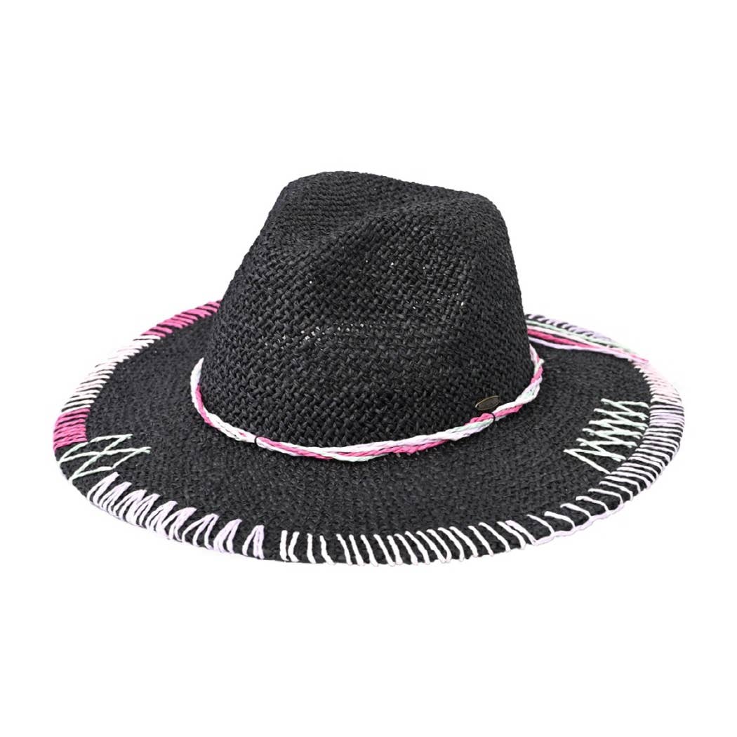 multi-colored stitched brim panama hat in black