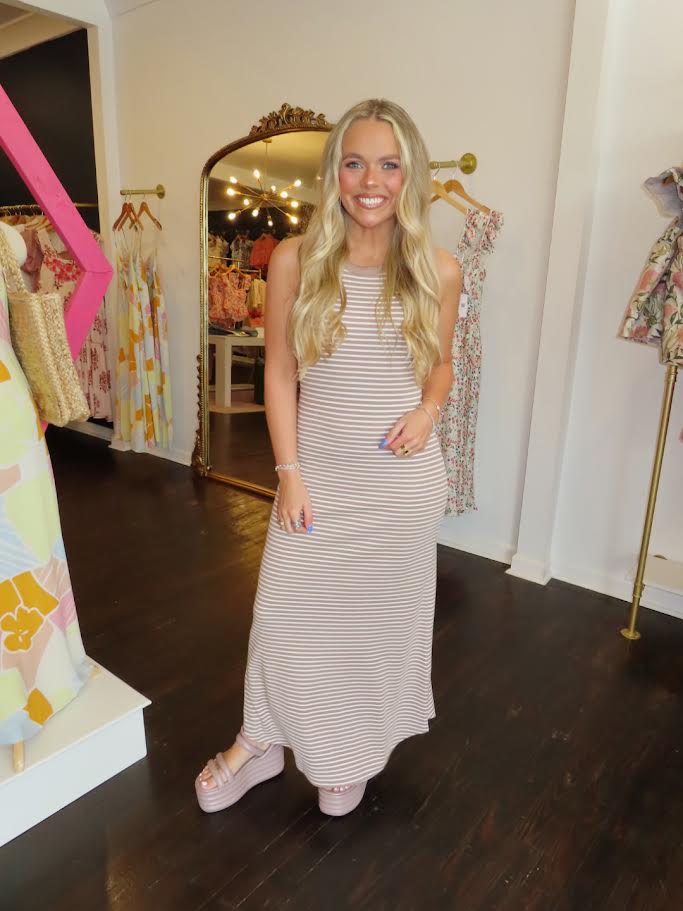 z supply goodwin stripe midi dress in iced coffee
