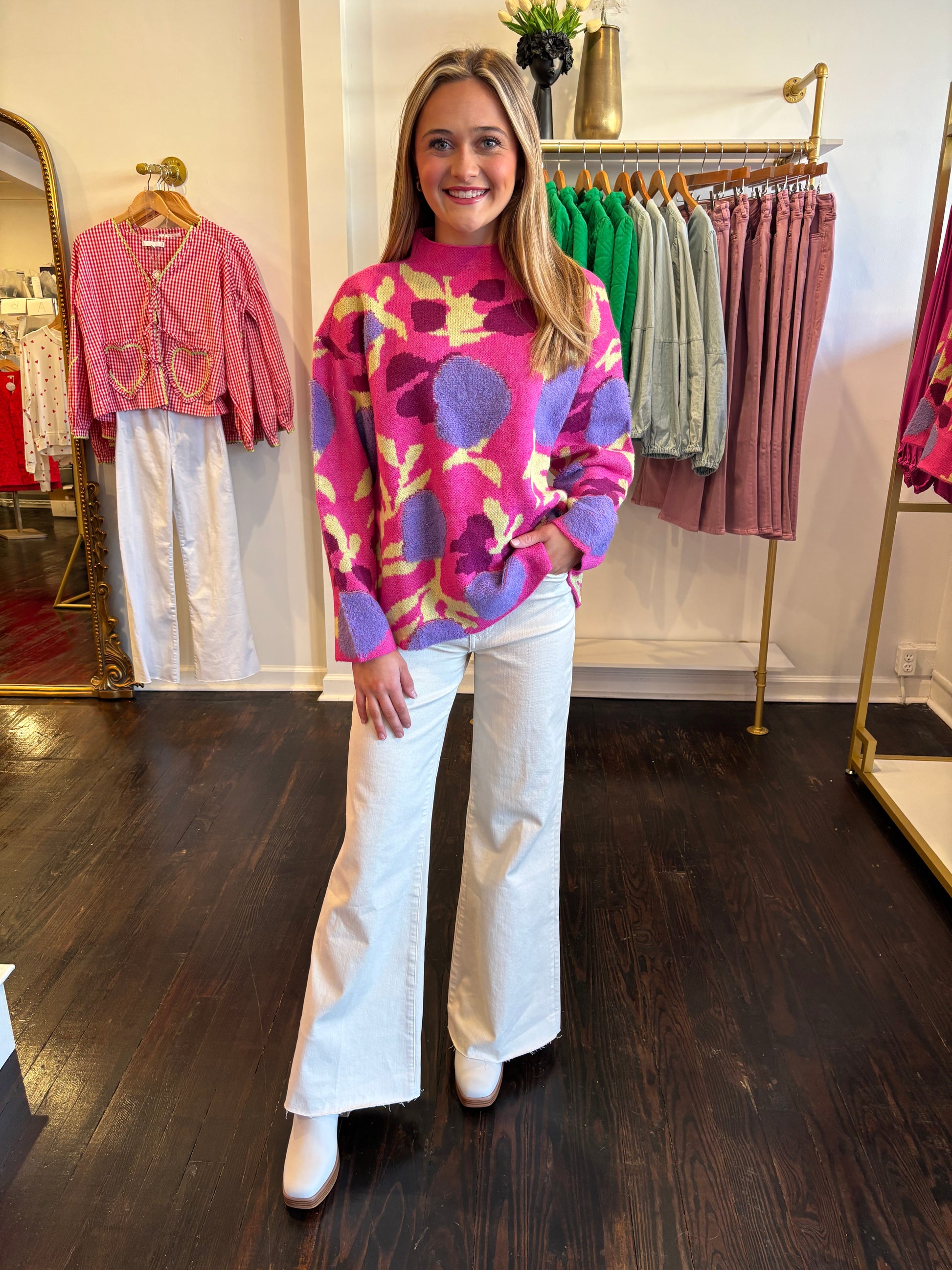 annie sweater in pink floral