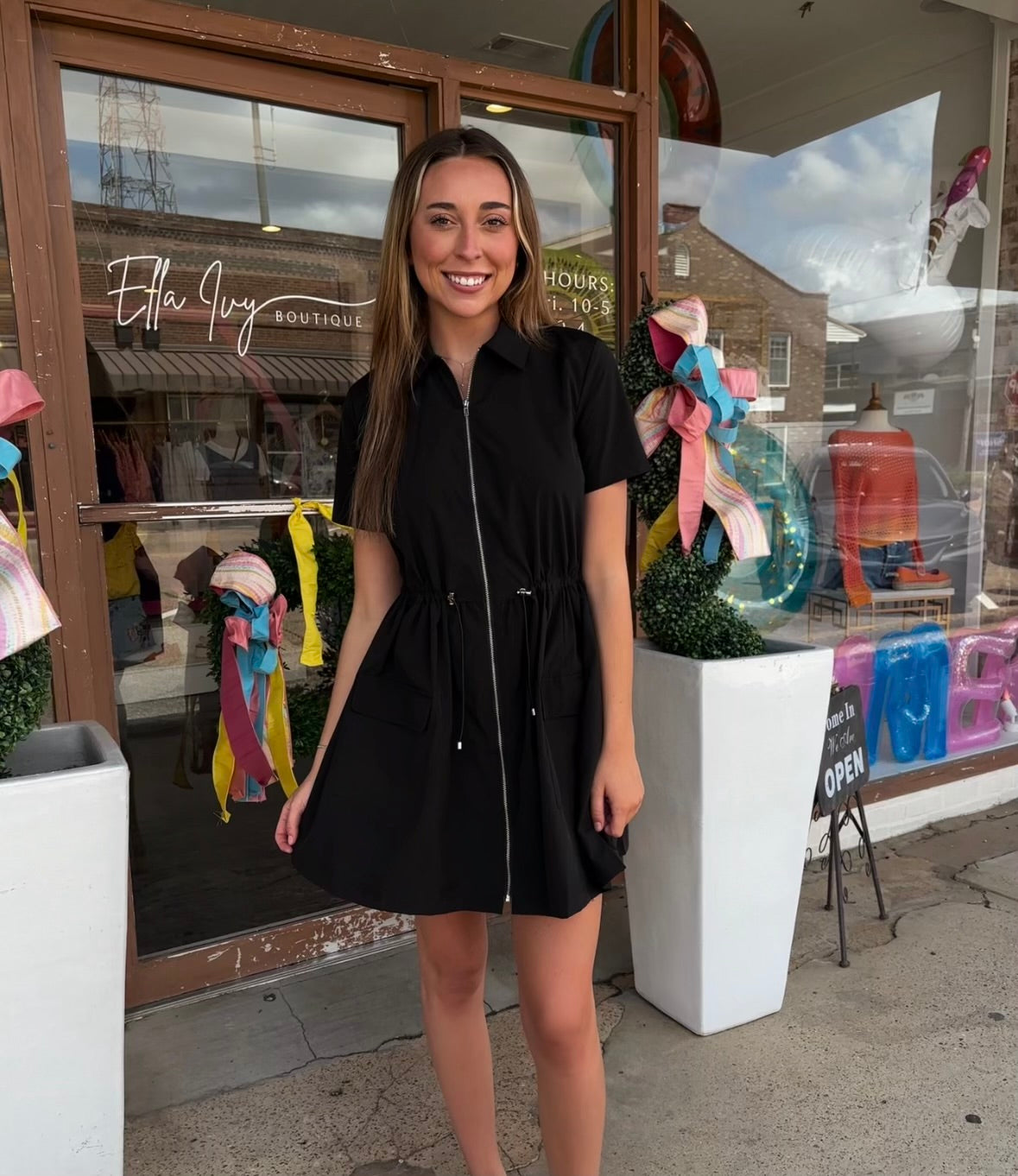 karlie pocket cinch waist dress in black