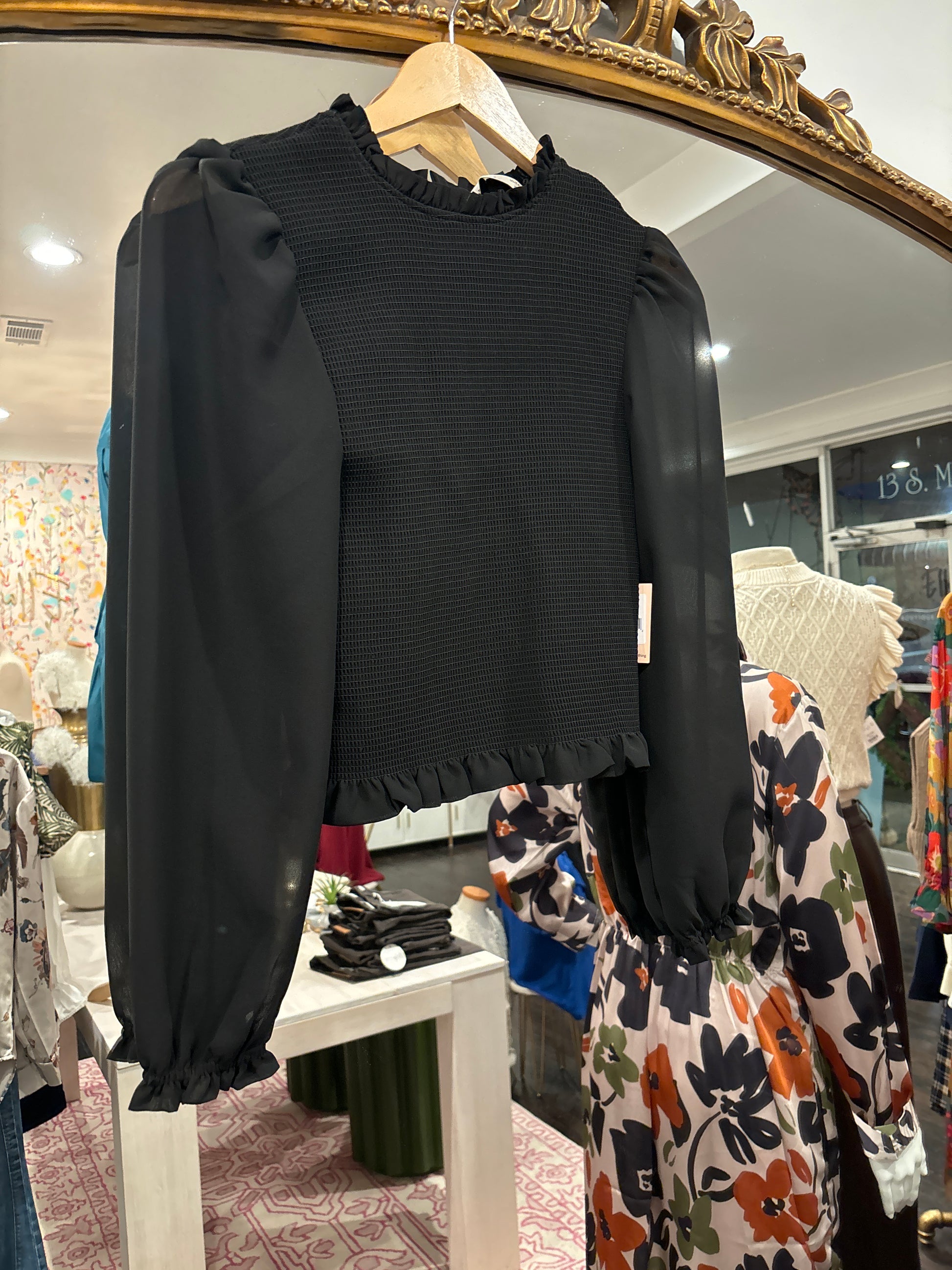 Blacktape_ smocked top in black