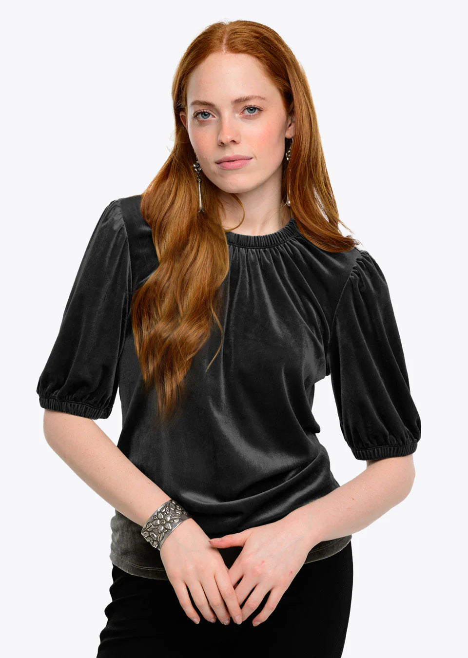 ivy jane velvet rouched neck top in black
