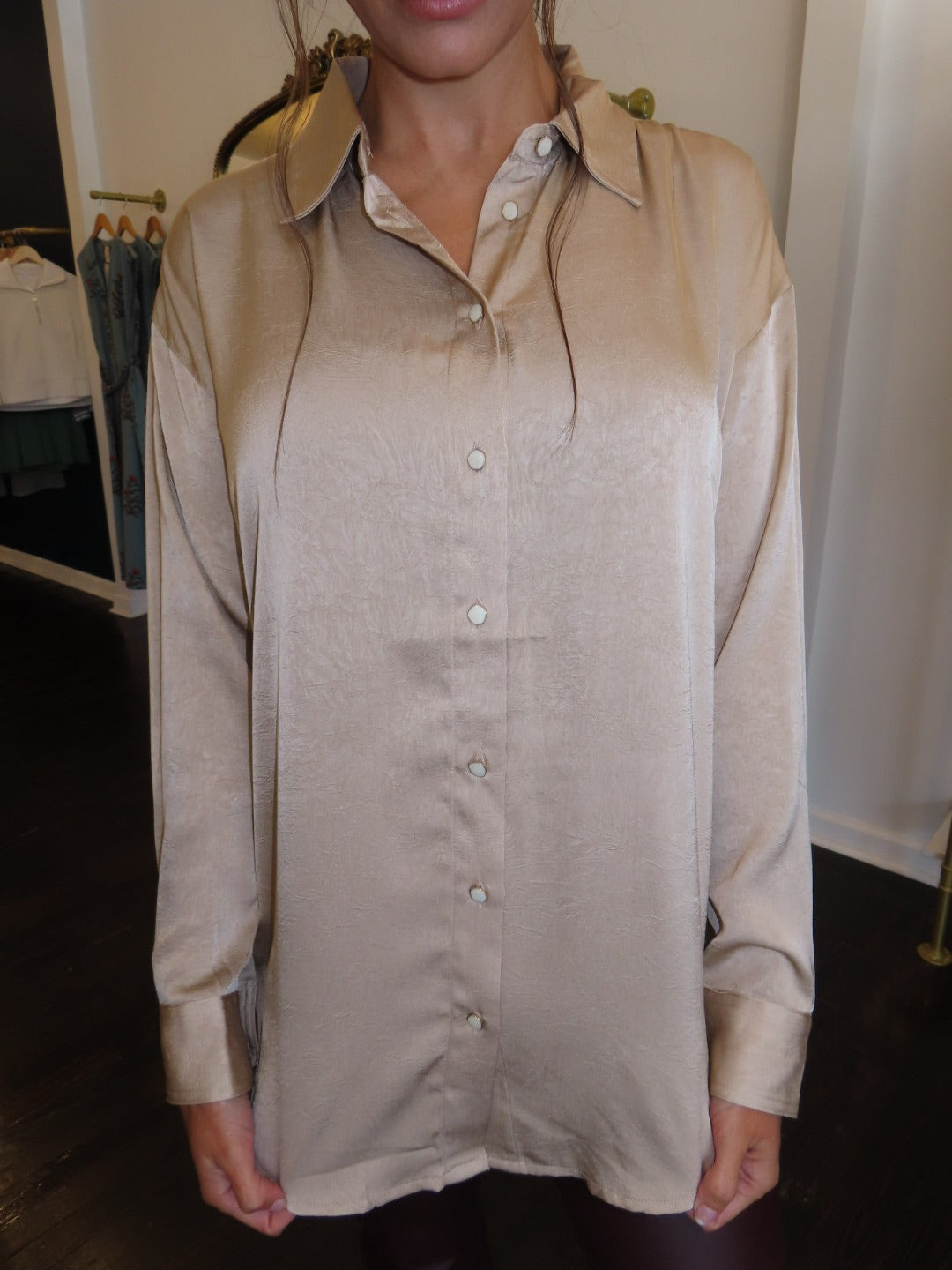 blacktape_ crinkle effect satin blouse in champange