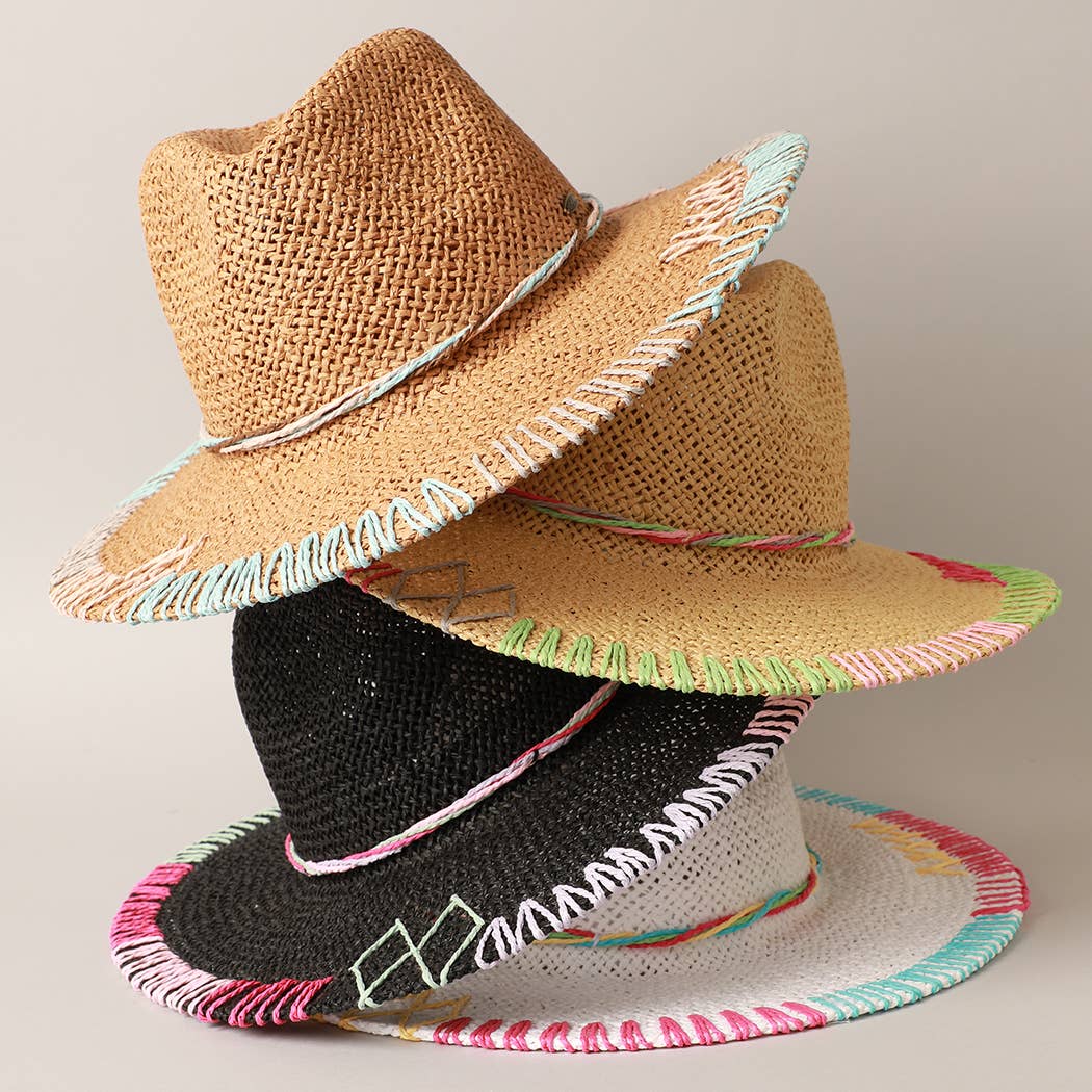 multi-colored stitched brim panama hat in black