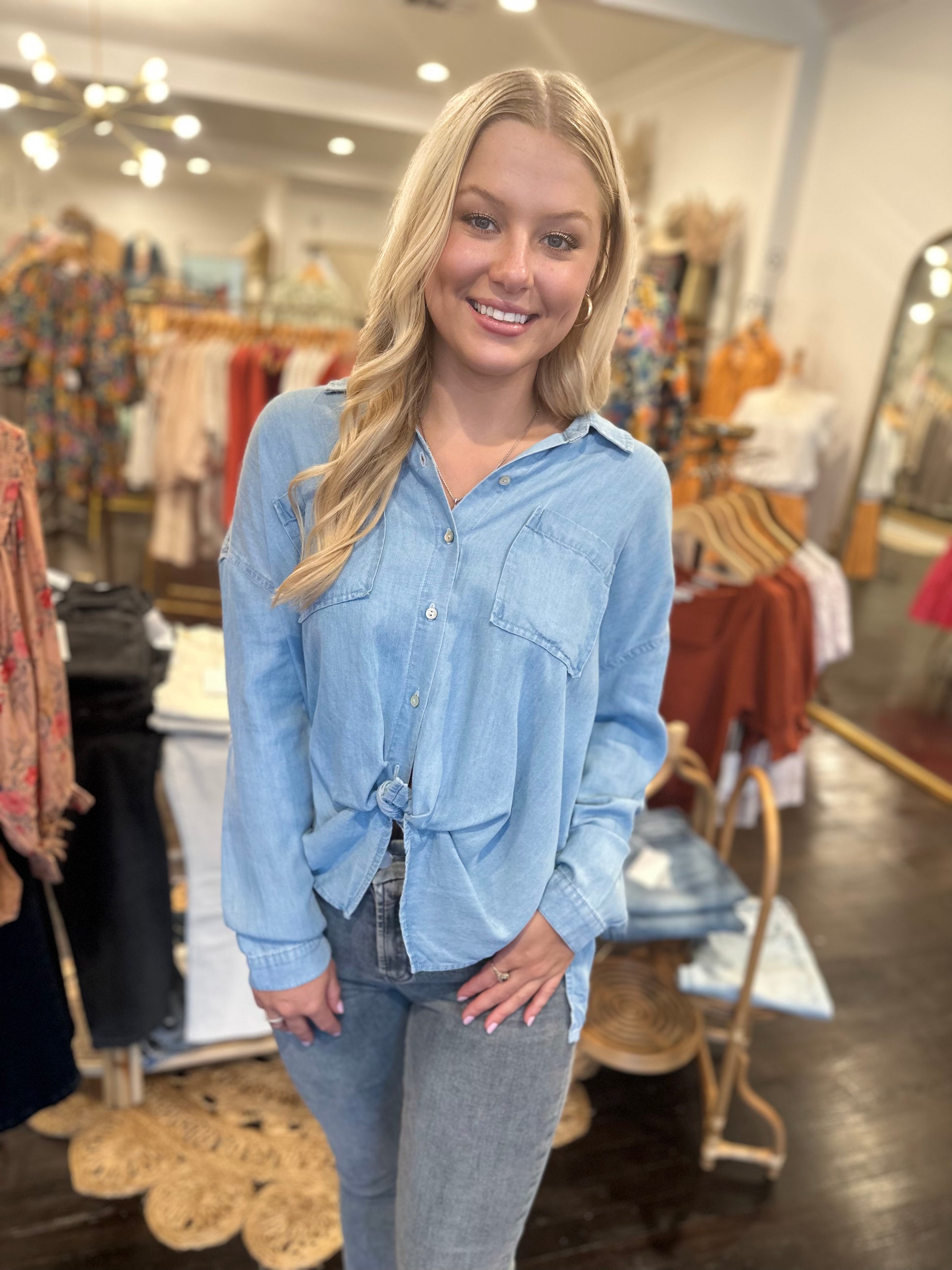 arianna front tie shirt in blue skies