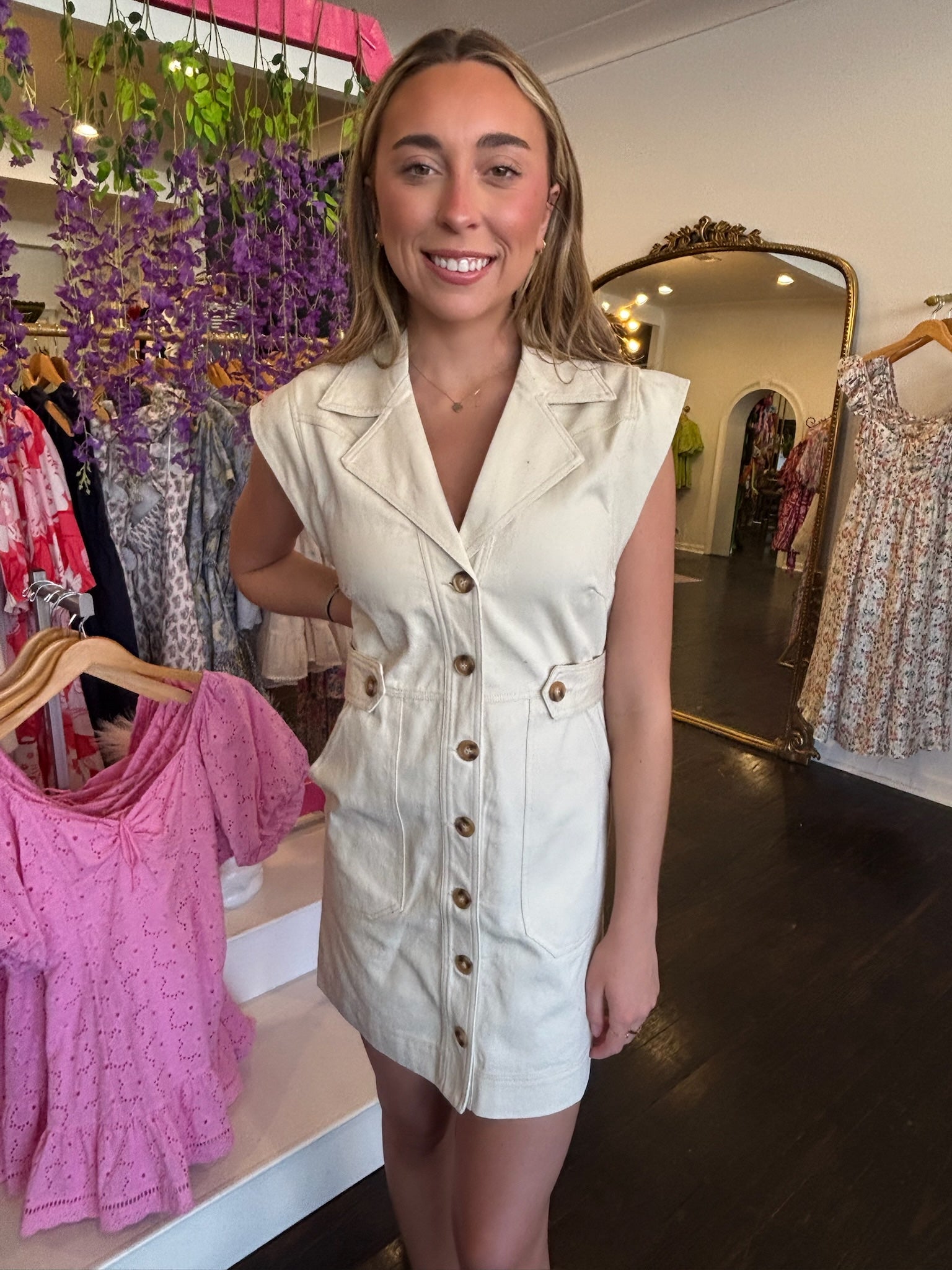 karlie denim pocket utility shirt dress in natural