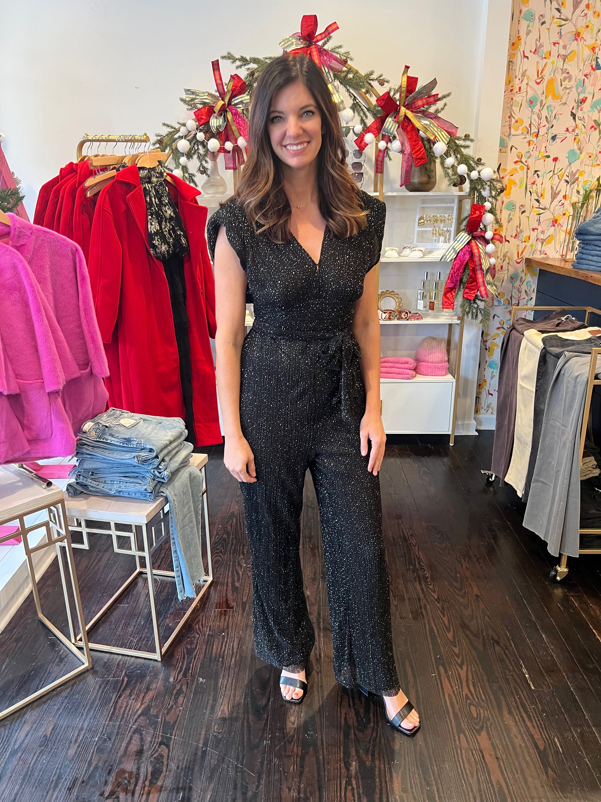 elan festive jumpsuit in black speckle