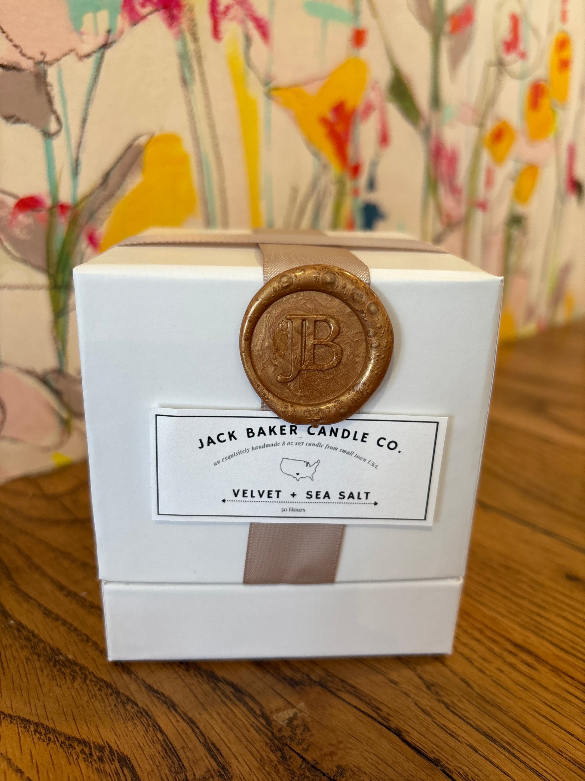 jack baker candle co white box candle in velvet + sea salt