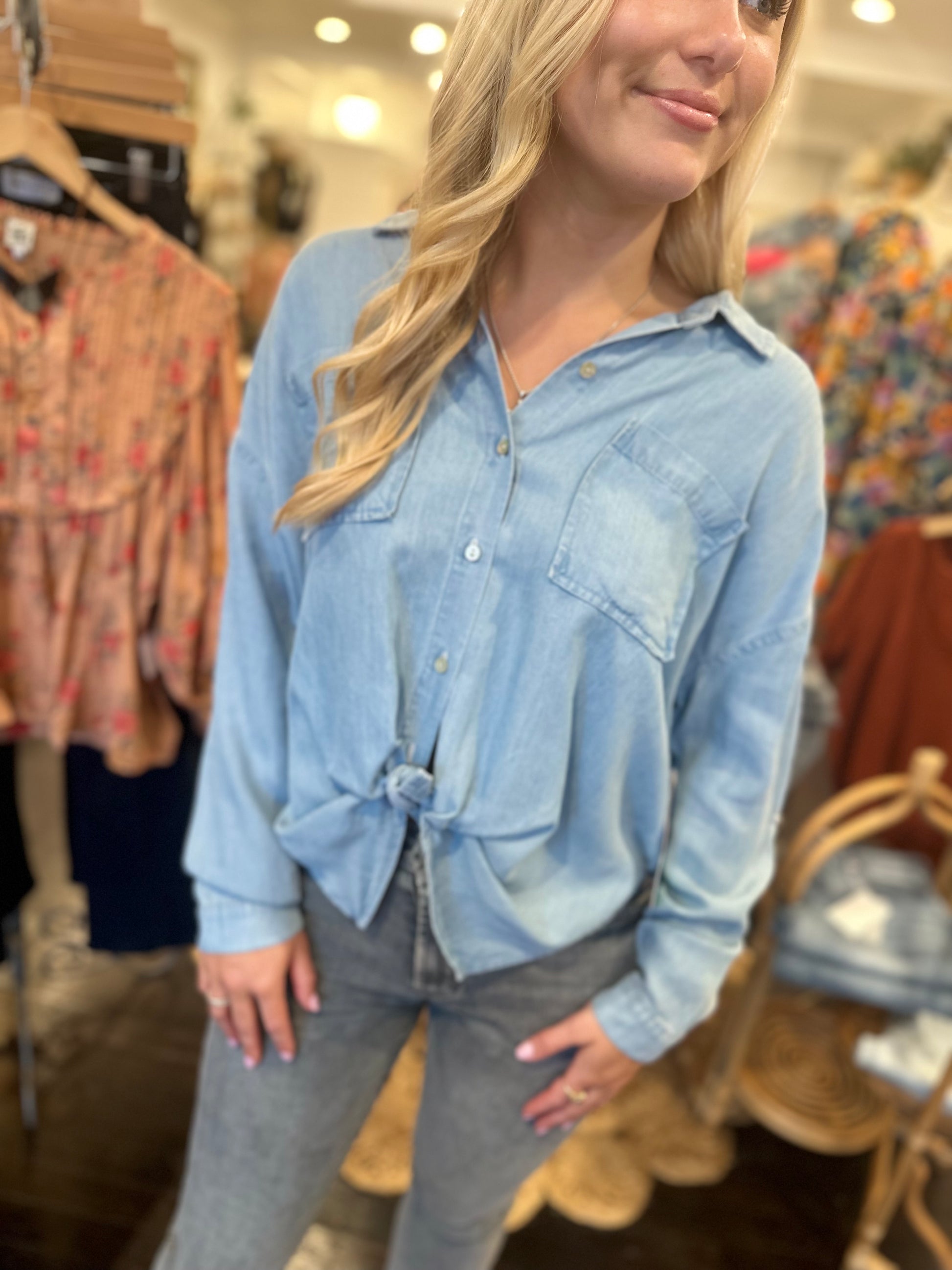 arianna front tie shirt in blue skies