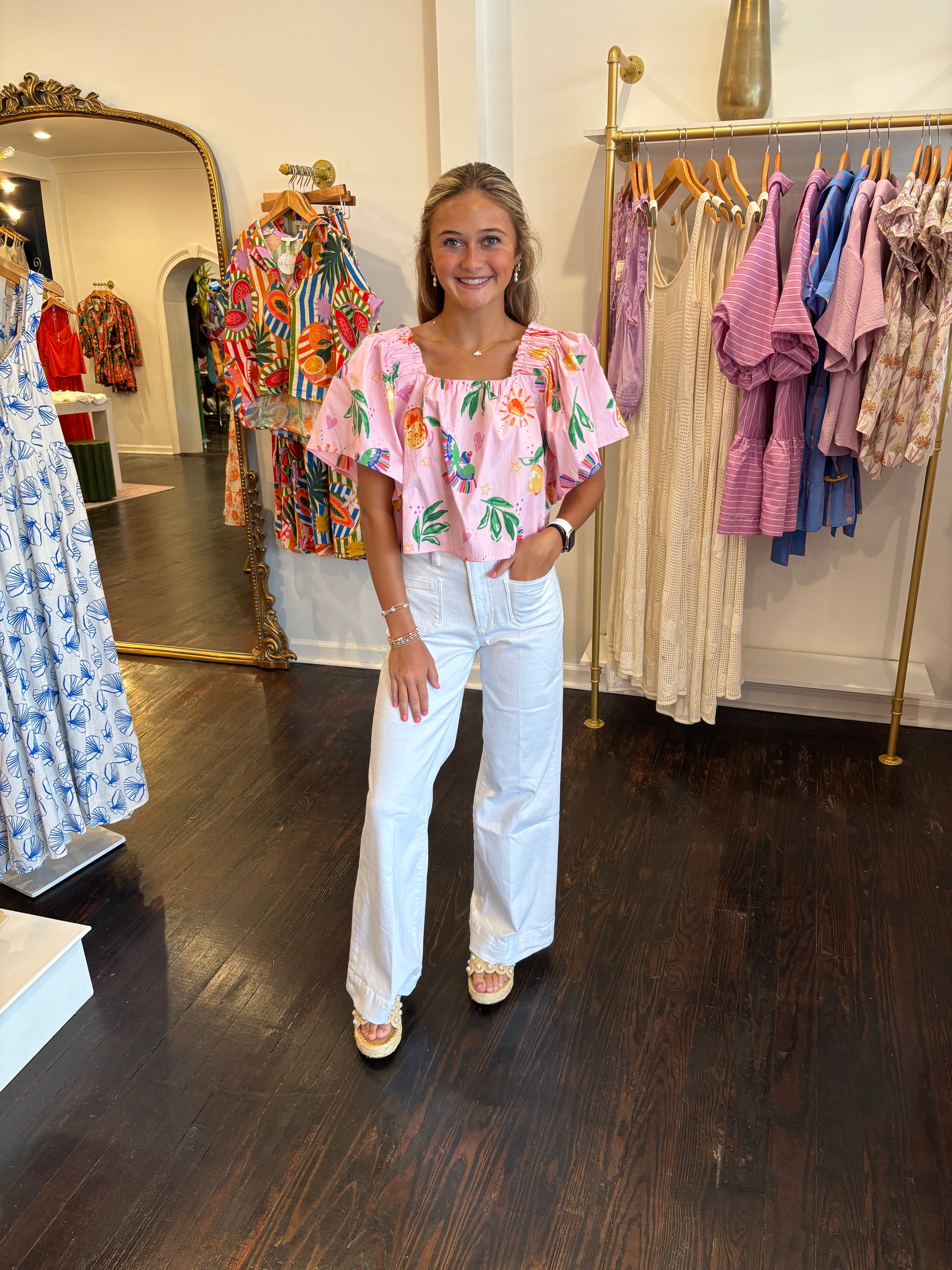 karlie toucan fruit square neck top in pink