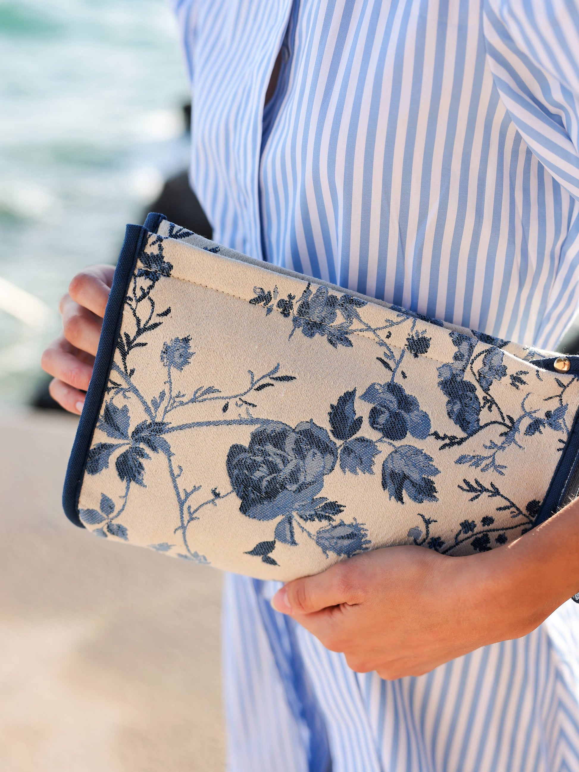 fiorella zip pouch in blue and white floral