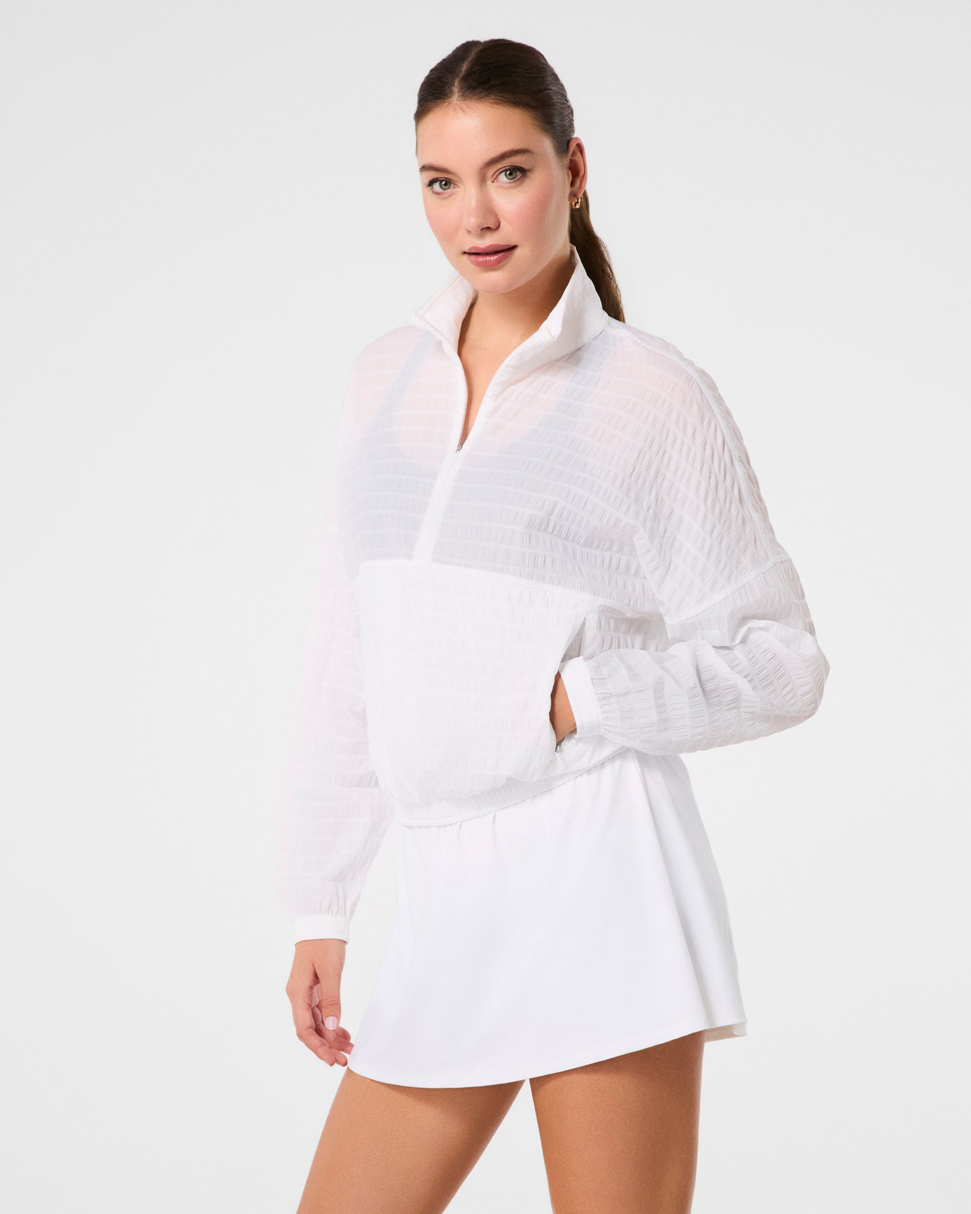 spanx get moving woven jacket in vivid white