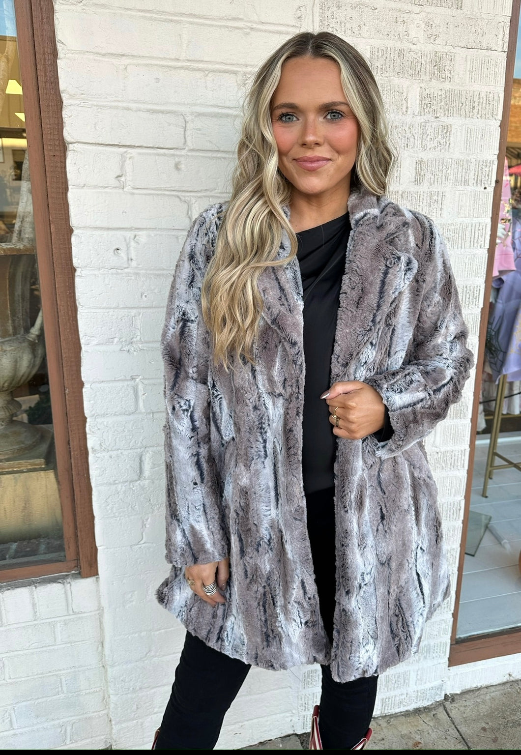 ivy jane faux mountain fox coat in pewter