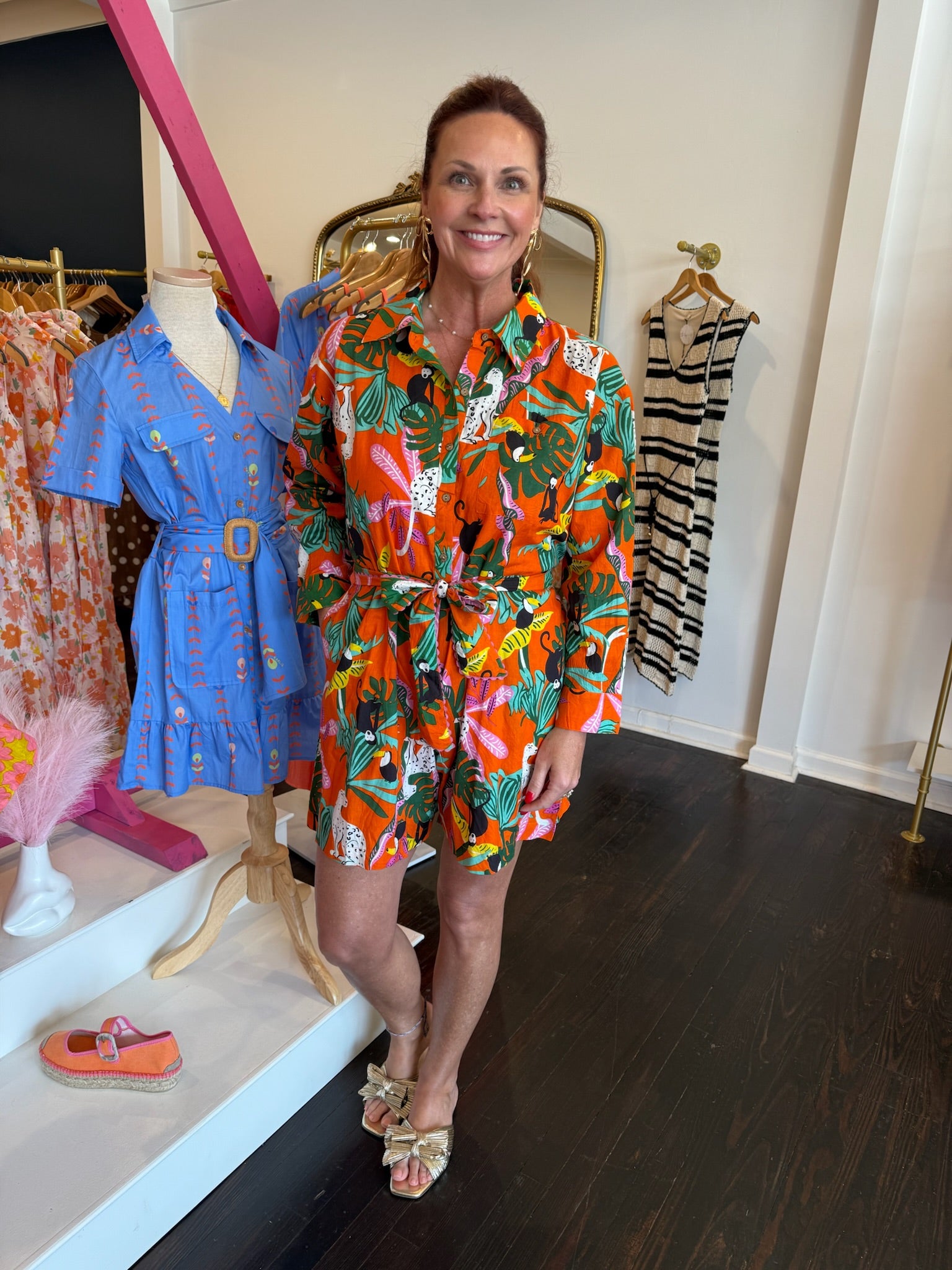 ivy jane tropical shirt style romper in orange
