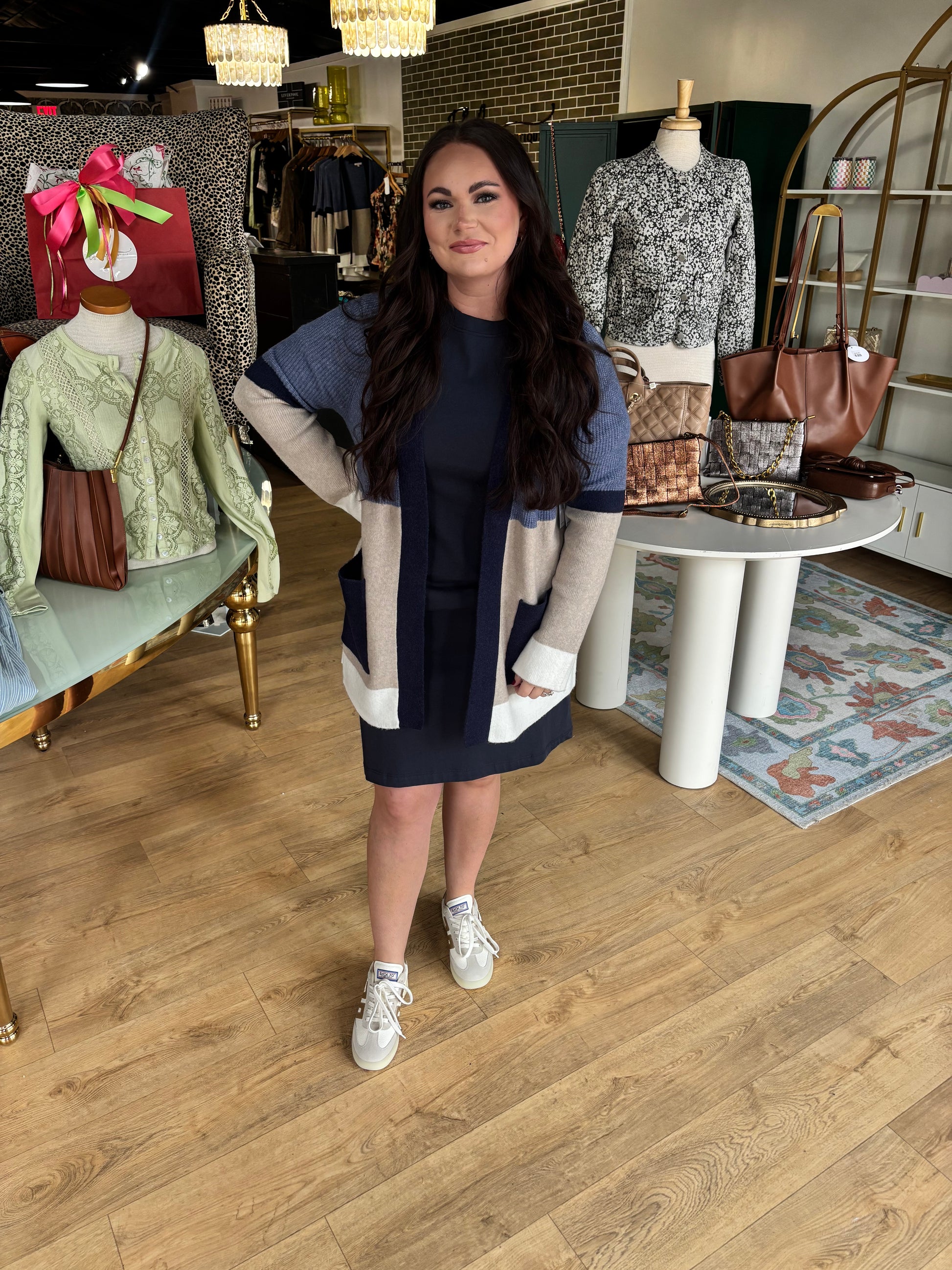 liverpool open front colorblock sweater in lapis oatmeal