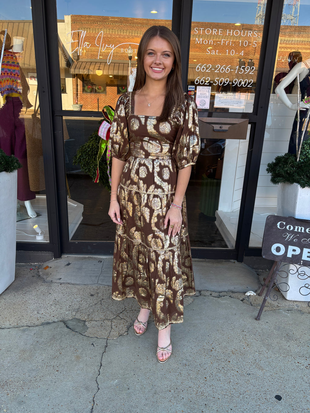 uncle frank metallic roses midi dress in brown