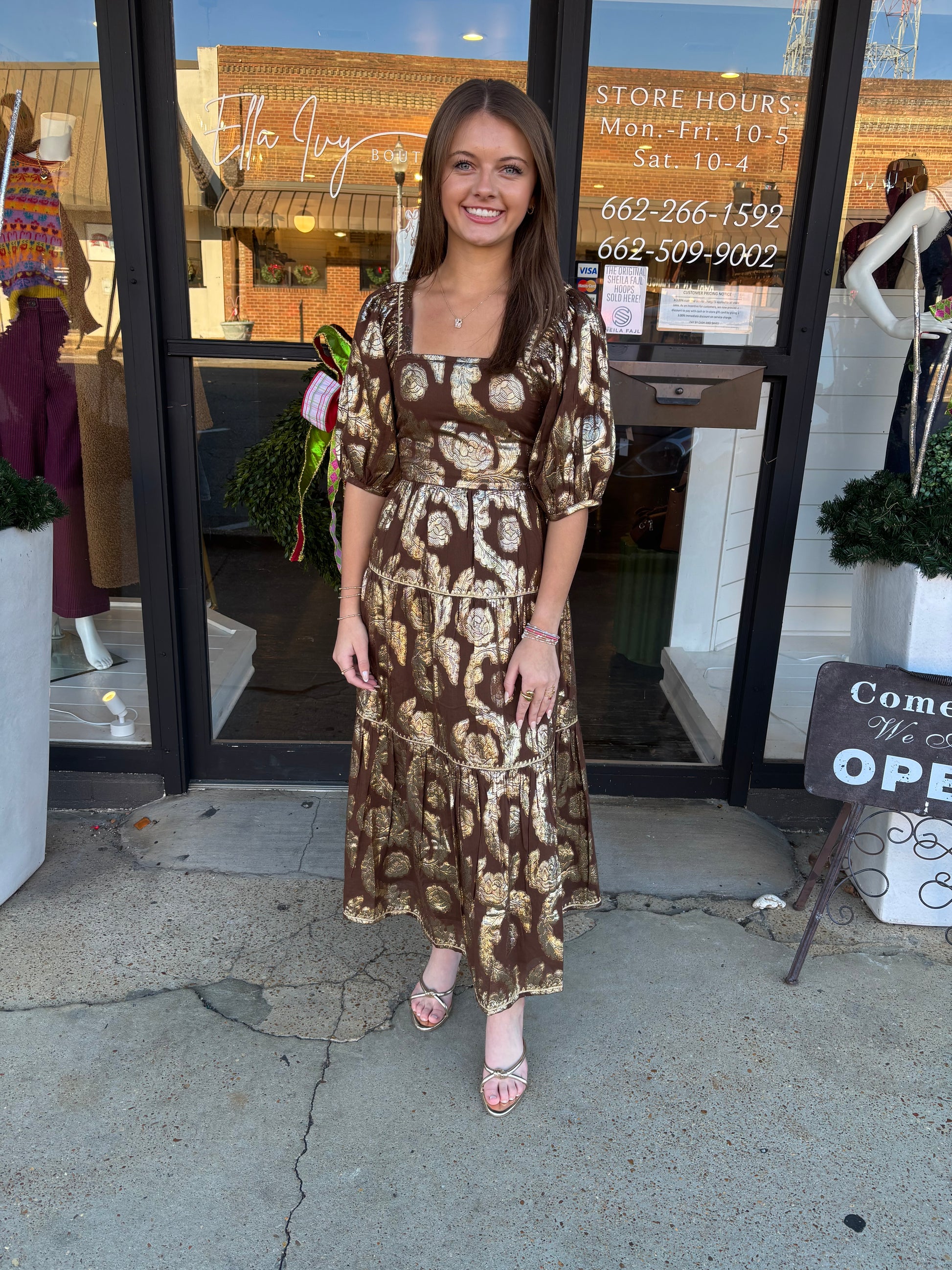 uncle frank metallic roses midi dress in brown