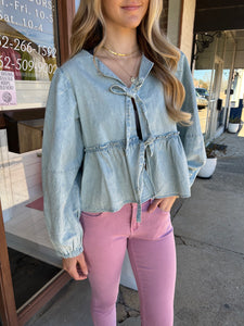 free people denim brunch babe top in light tint wash