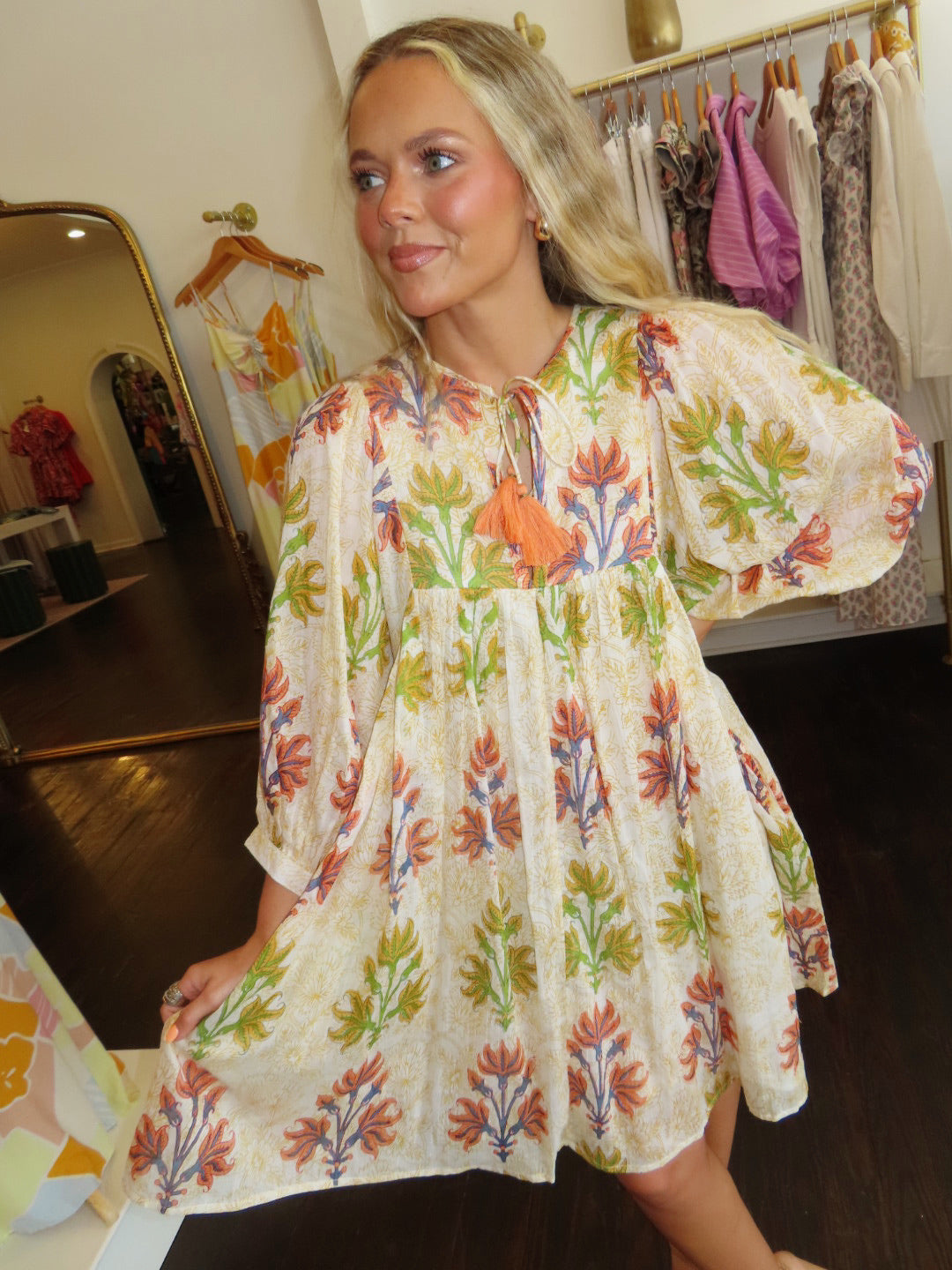 uncle frank breezy block print dress in gold