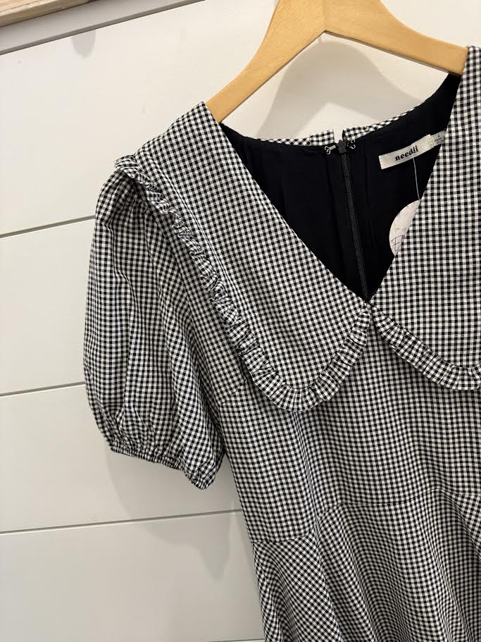 gingham mini dress in black and cream