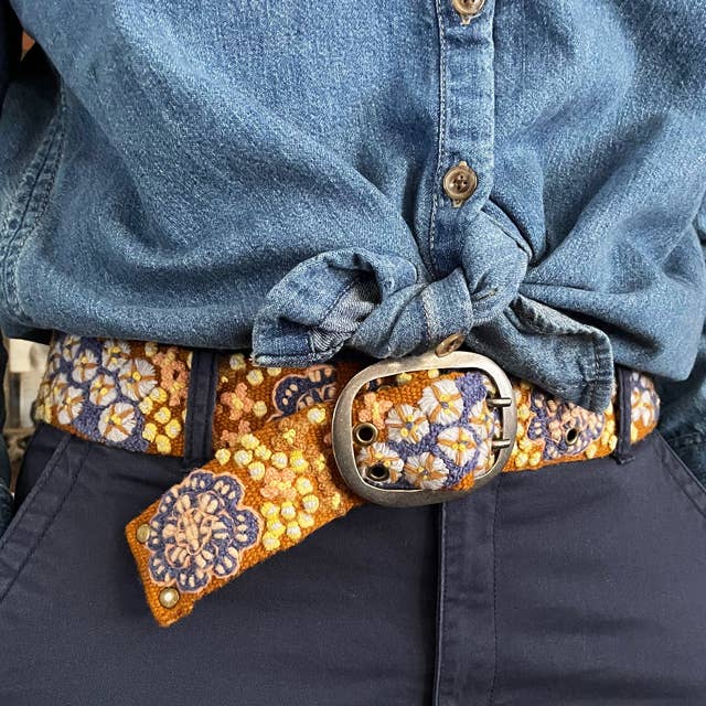 jenny kraus floral embroidered wool belt in blue skies