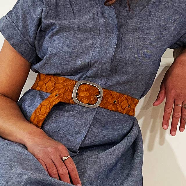 jenny kraus embroidered wool belt in terracotta