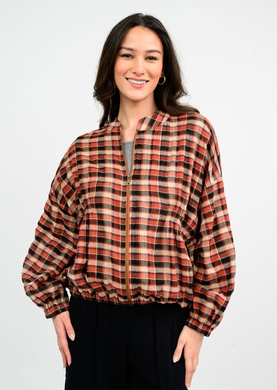 ivy jane zipped plaid jacket in rust