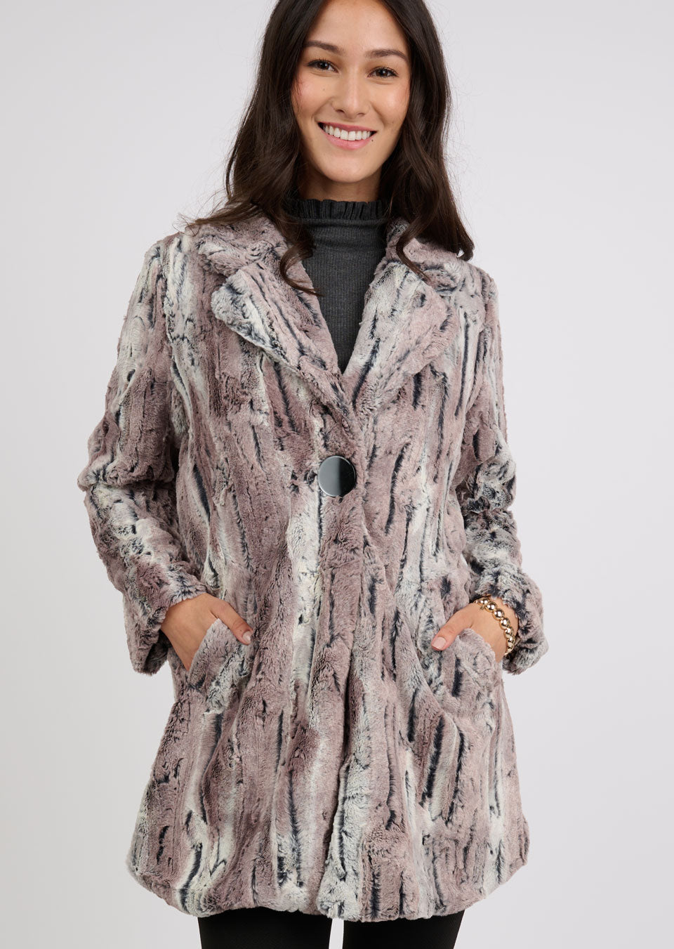 ivy jane faux mountain fox coat in pewter