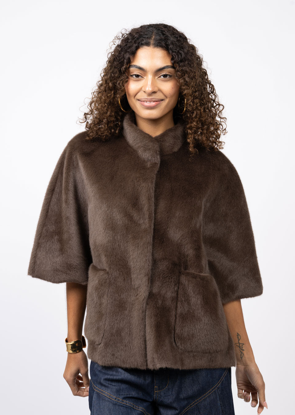ivy jane faux capelet jacket in chocolate