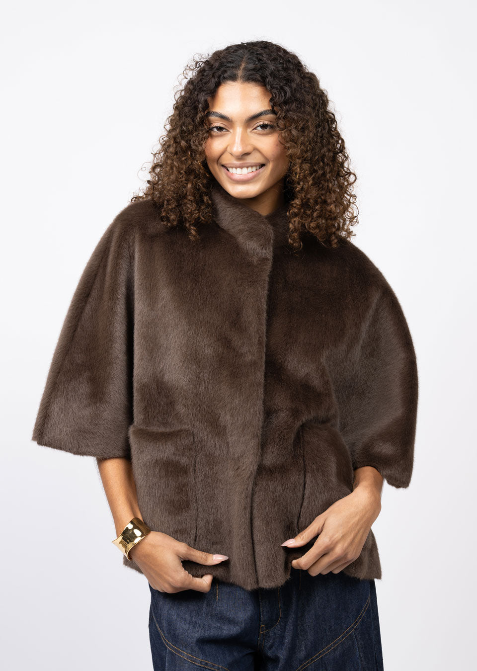 ivy jane faux capelet jacket in chocolate