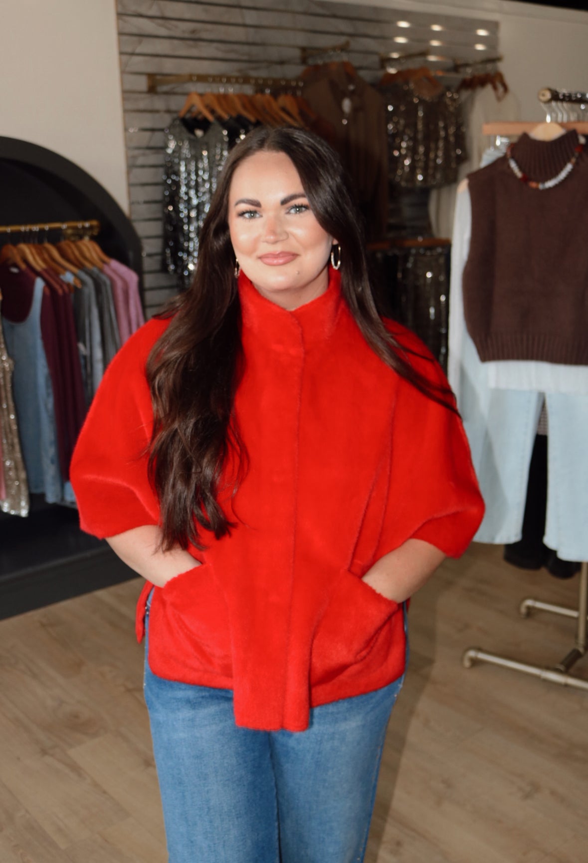 ivy jane faux caplet jacket in red