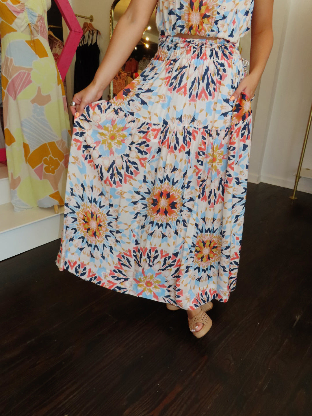 elan midi smock skirt in kaleidoscope