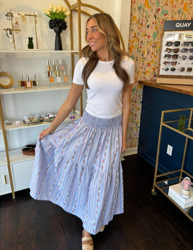 karlie floral french vine maxi skirt in periwinkle