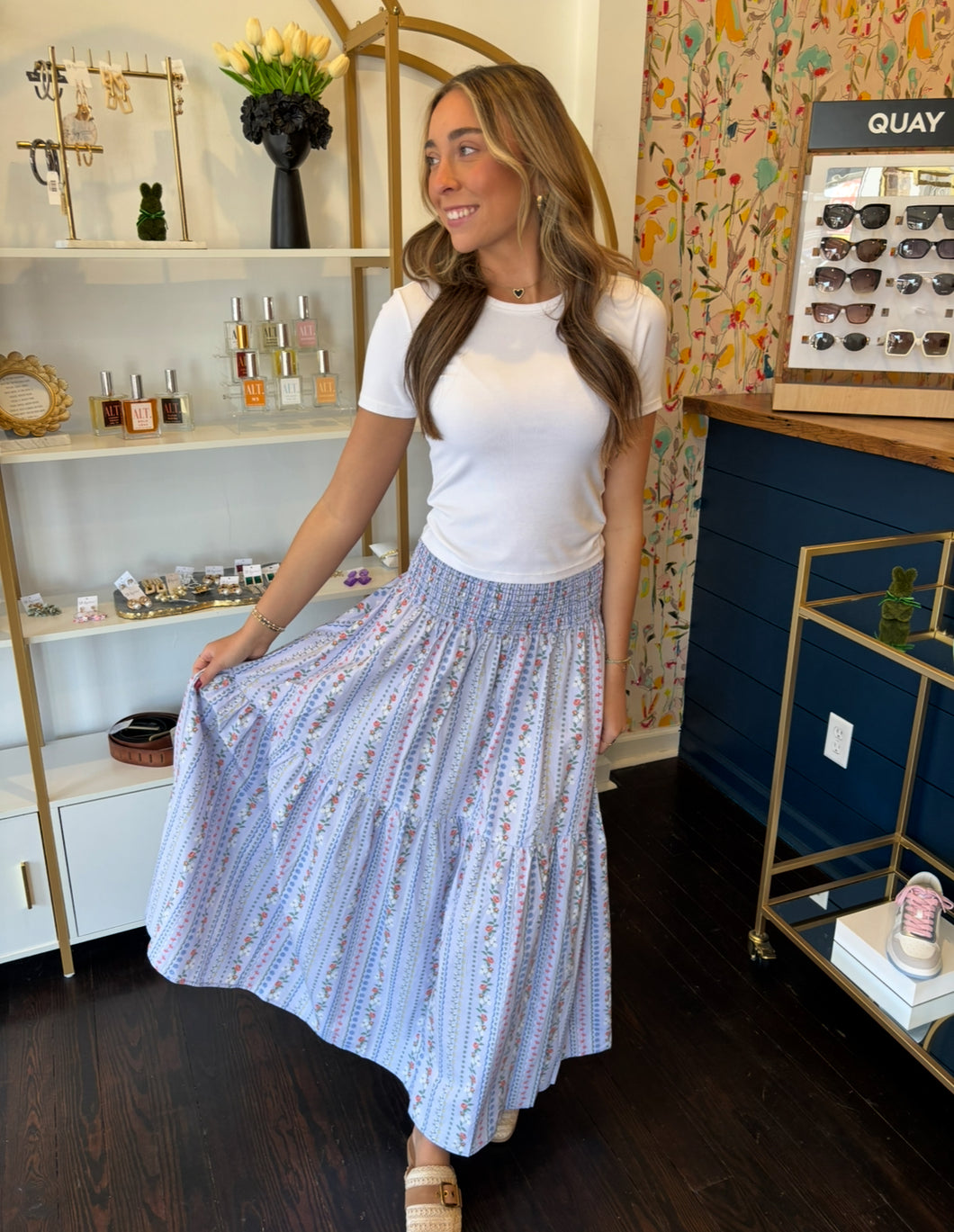 karlie floral french vine maxi skirt in periwinkle