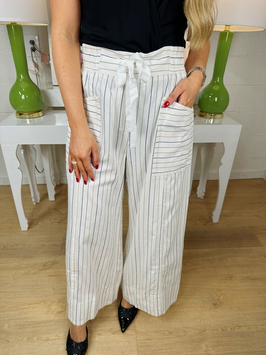 fate stripe front pocket detail cropped wide leg pants in cream multi