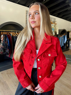 liverpool peplum jacket in fire brick