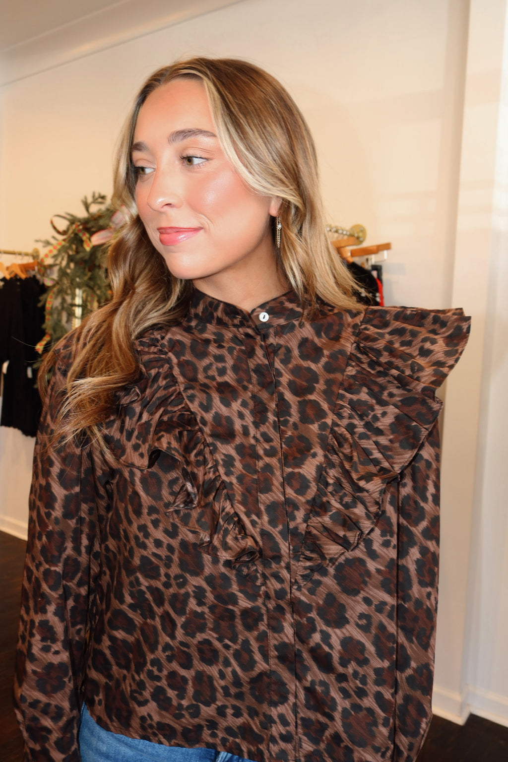 karlie leopard ruffle button top