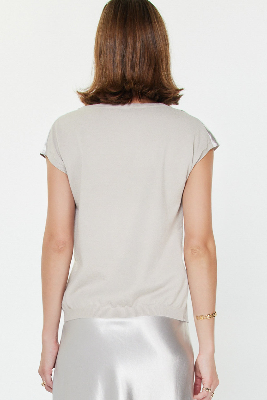 current air cowl neck woven knit combo top in silver