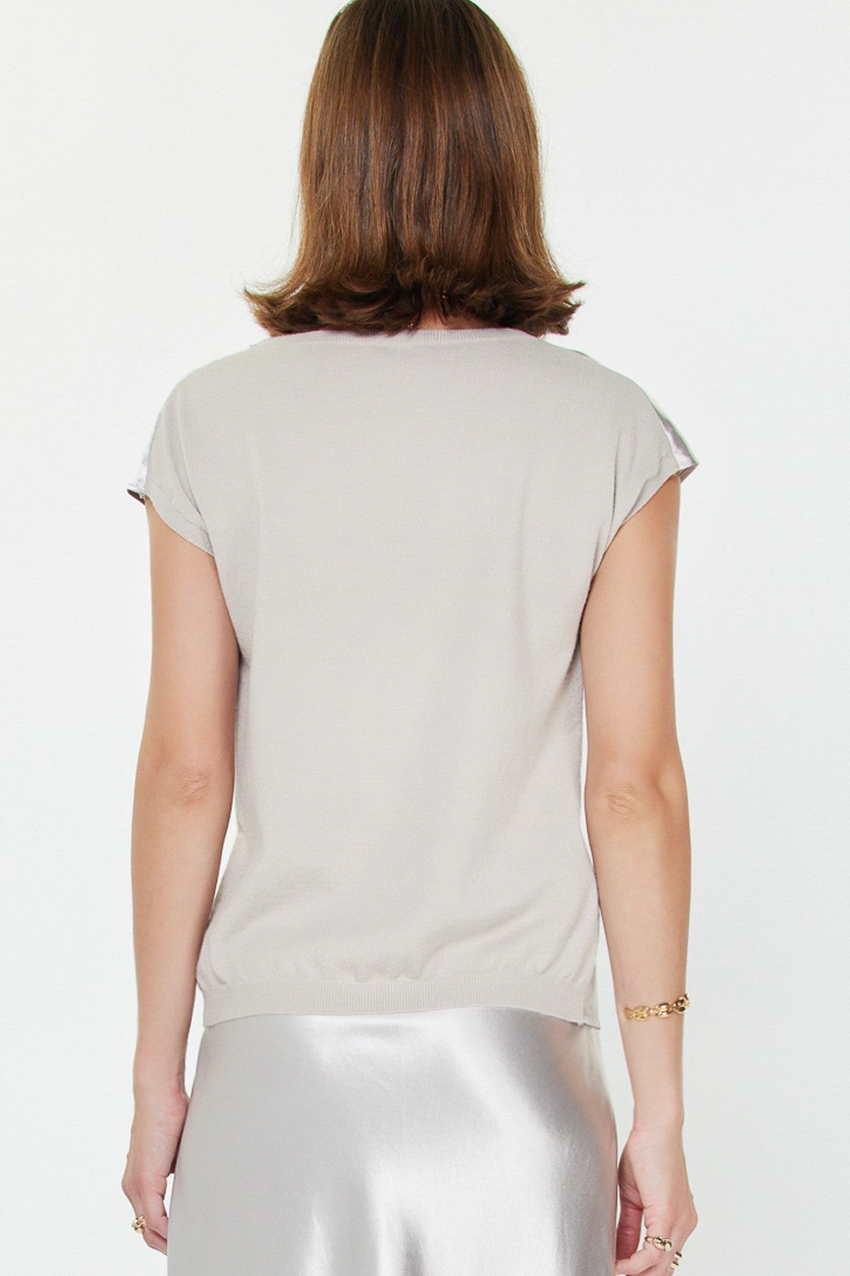 current air cowl neck woven knit combo top in silver