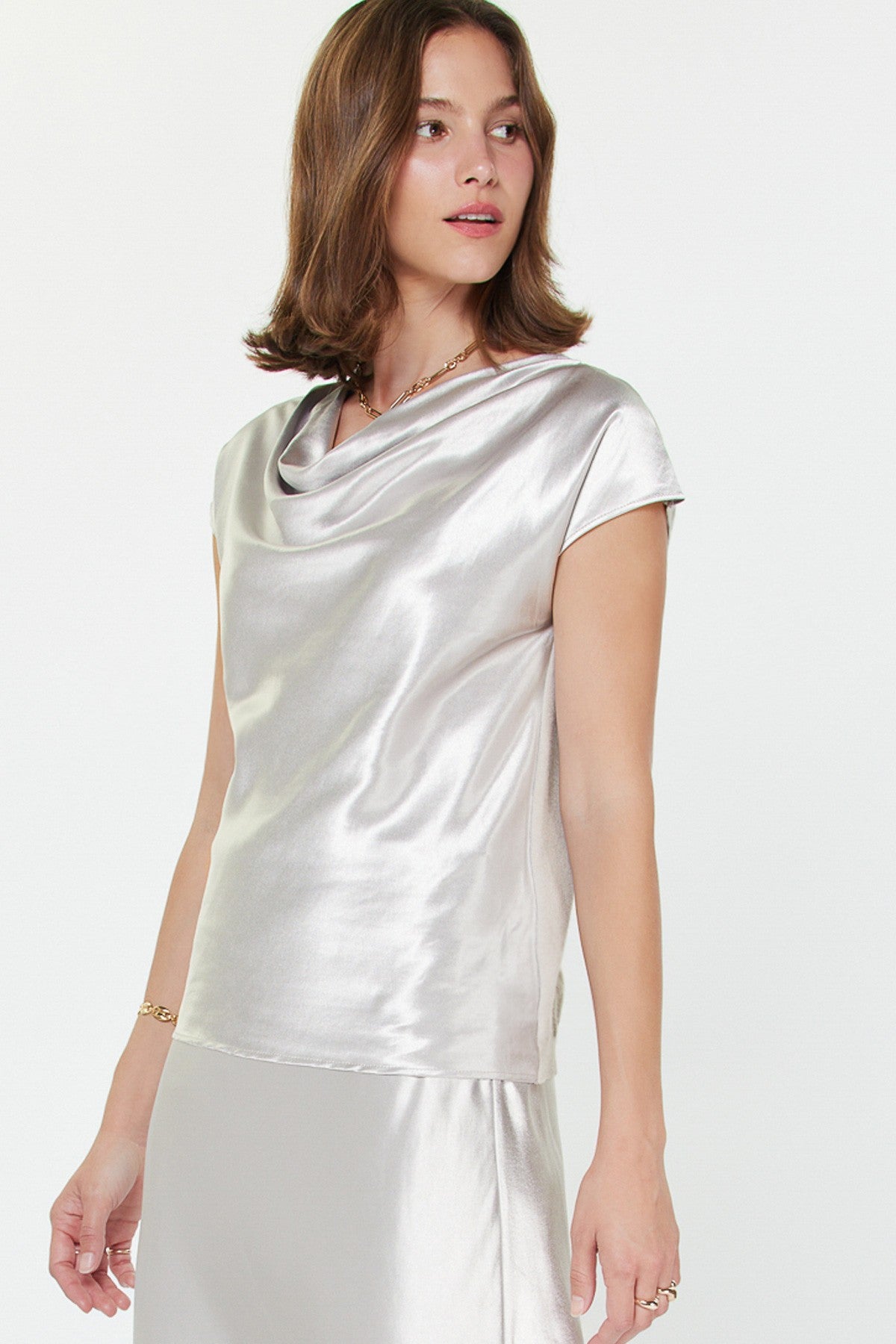current air cowl neck woven knit combo top in silver