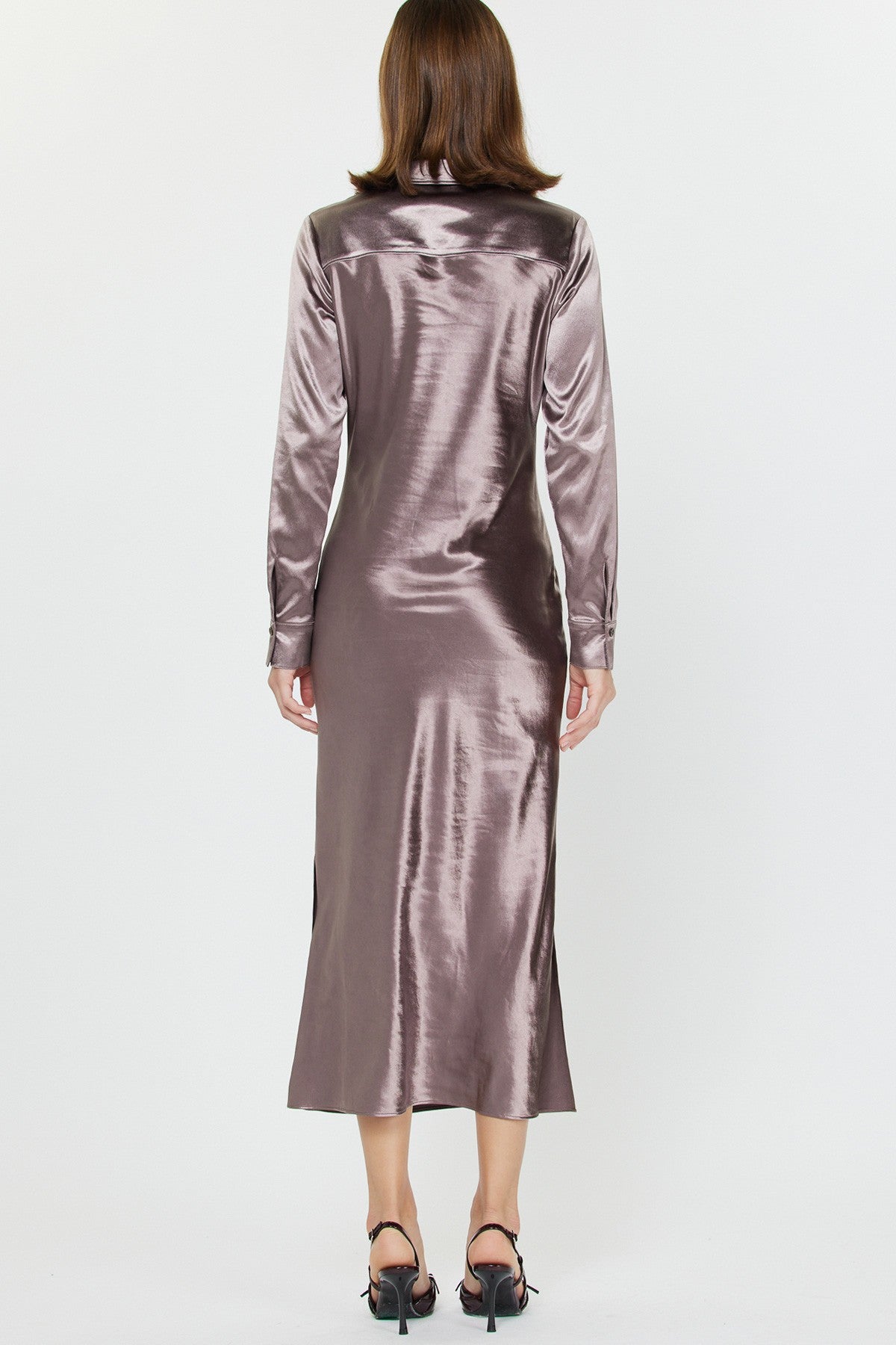current air silky bias midi dress  in mauve brown