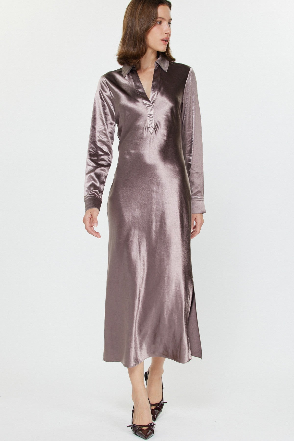 current air silky bias midi dress  in mauve brown