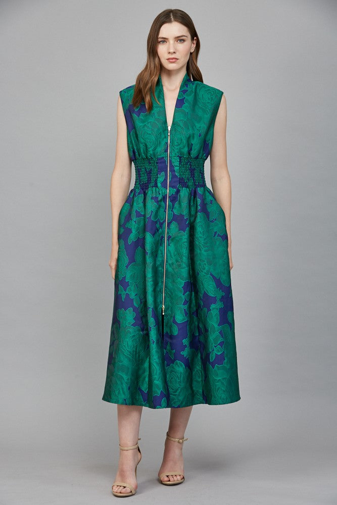 bold floral zip front dress in green/blue combo