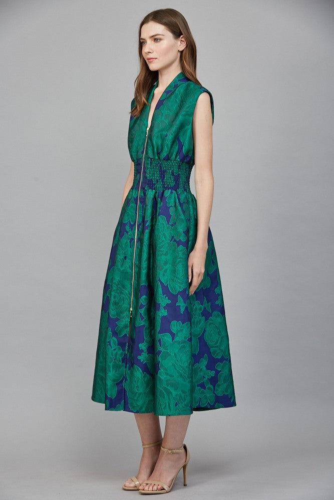 bold floral zip front dress in green/blue combo