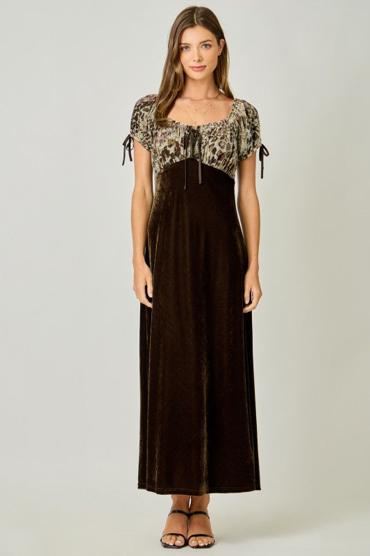 mystree velvet long dress in brown