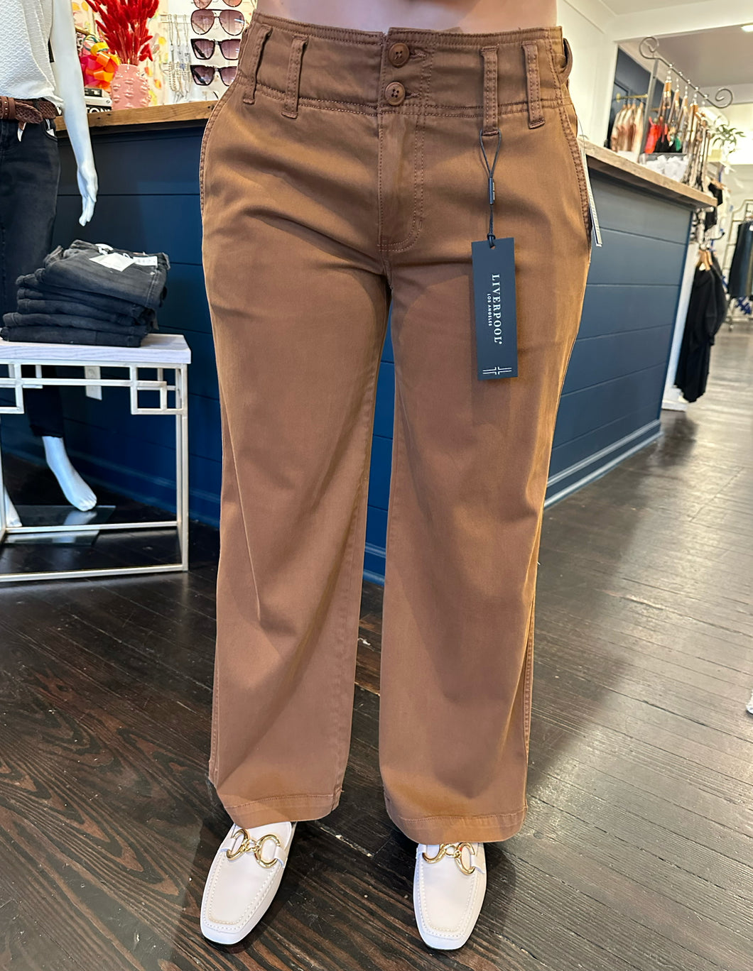 liverpool high rise cinch waist pants in jasper brown