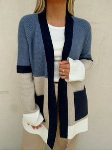 liverpool open front colorblock sweater in lapis oatmeal