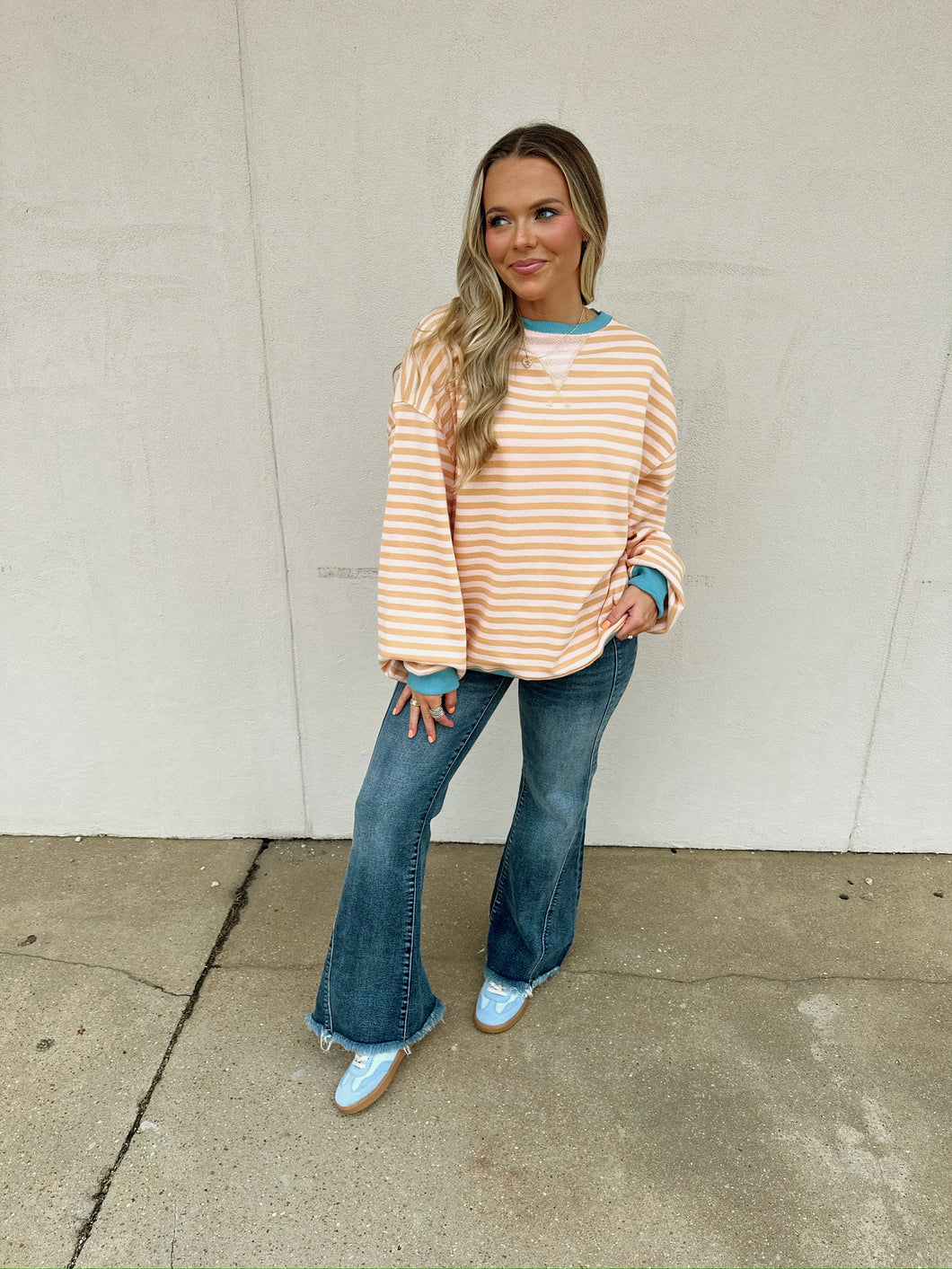 free people classic striped crew in latte combo