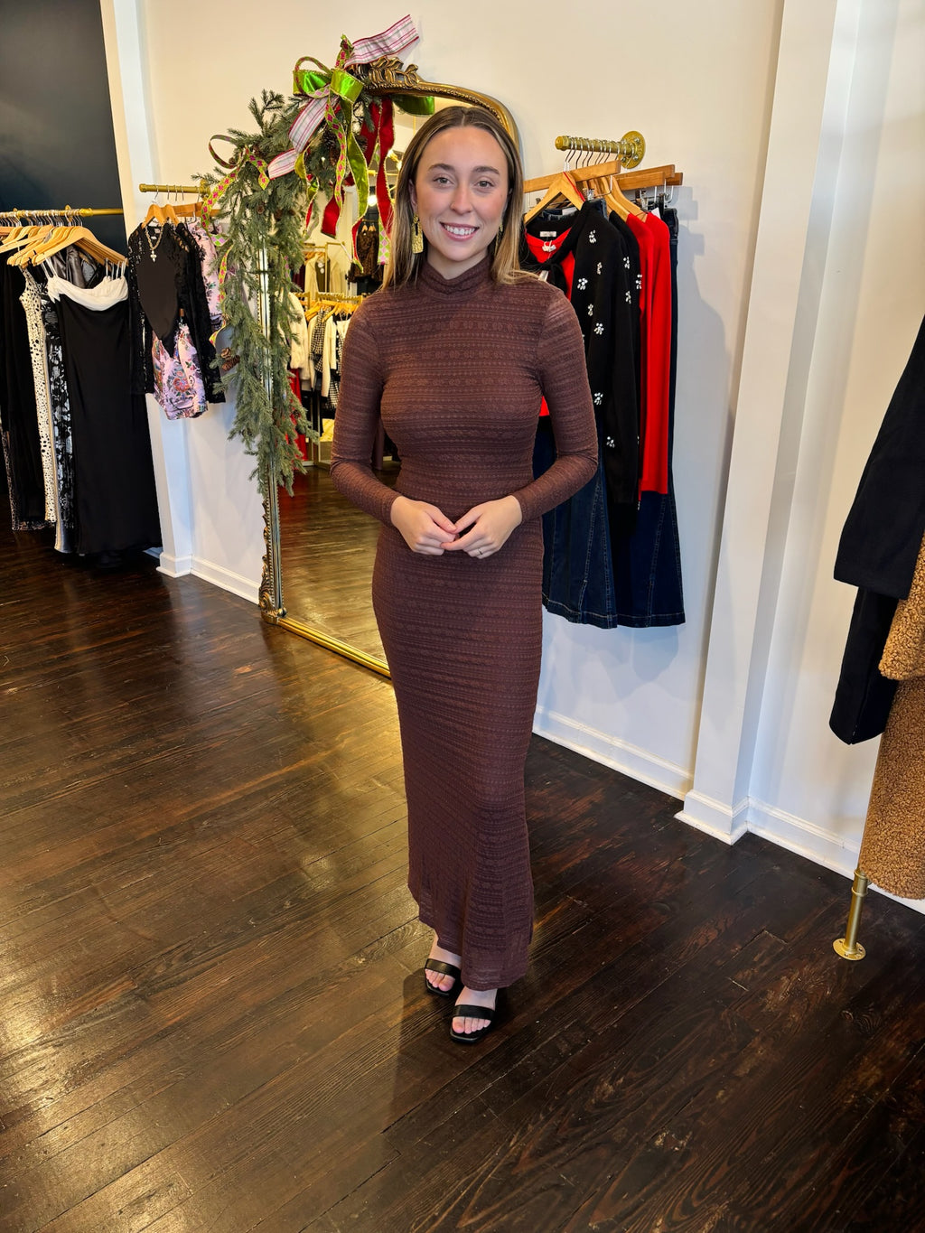 sage the label sundance stretch lace mock neck maxi dress