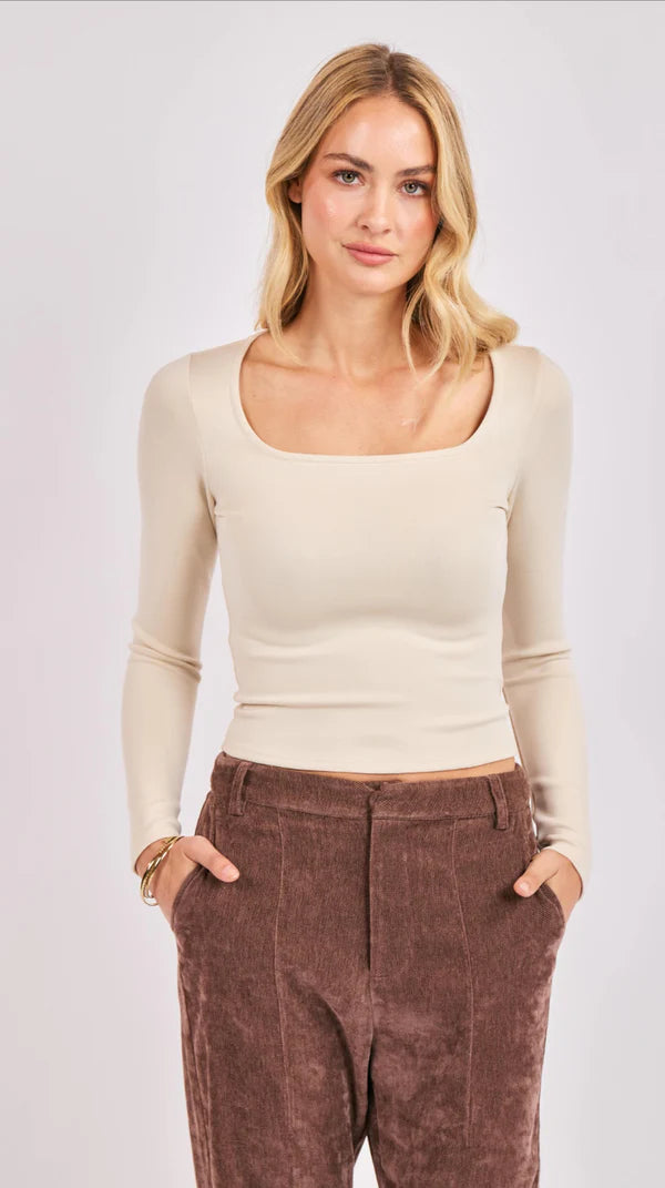 sadie & sage hustle high square neck long sleeve top in cream